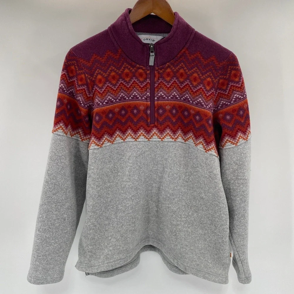 Orvis Quarter 1/4 Zip Fleece Mens Large Gray Purple Fair Isle Geometric Pullover